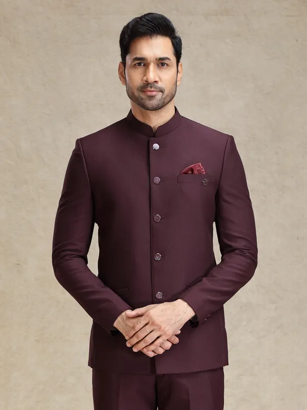 Wine terry rayon bandh gala jodhpuri suit