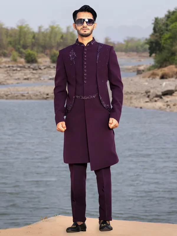 Wine terry rayon indowestern for reception