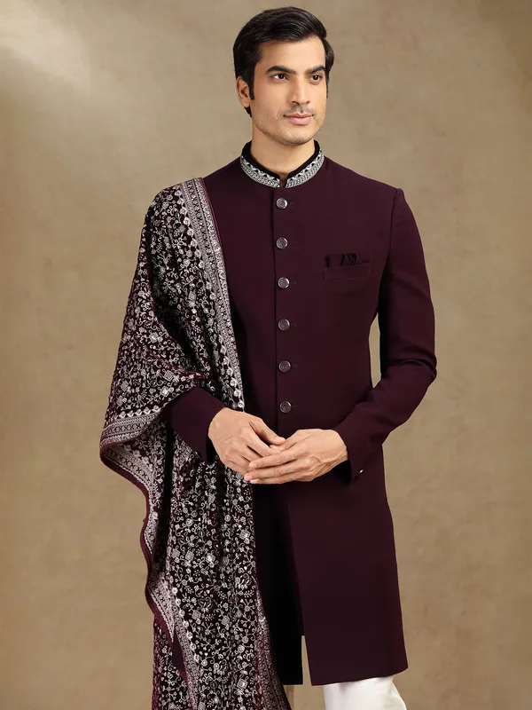 Wine terry rayon wedding wear indo western with dupatta