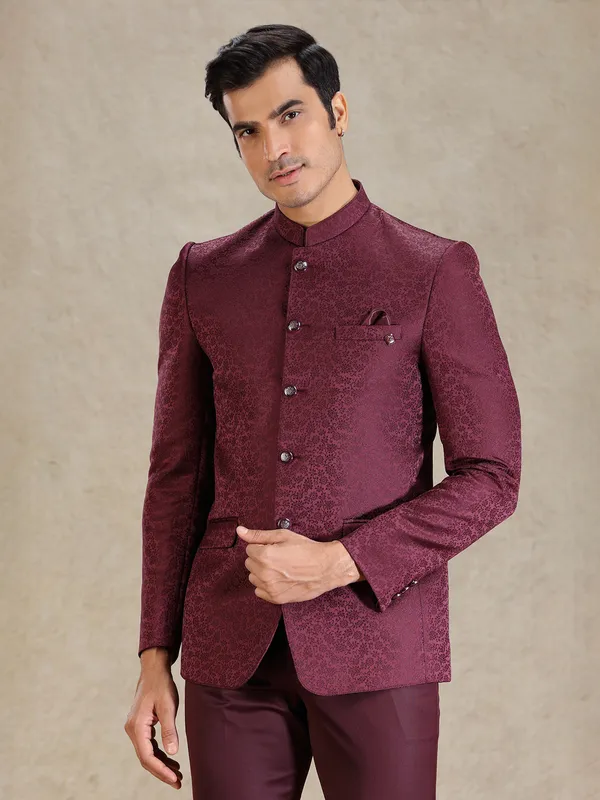 Wine textured jacquard net bandh gala suit