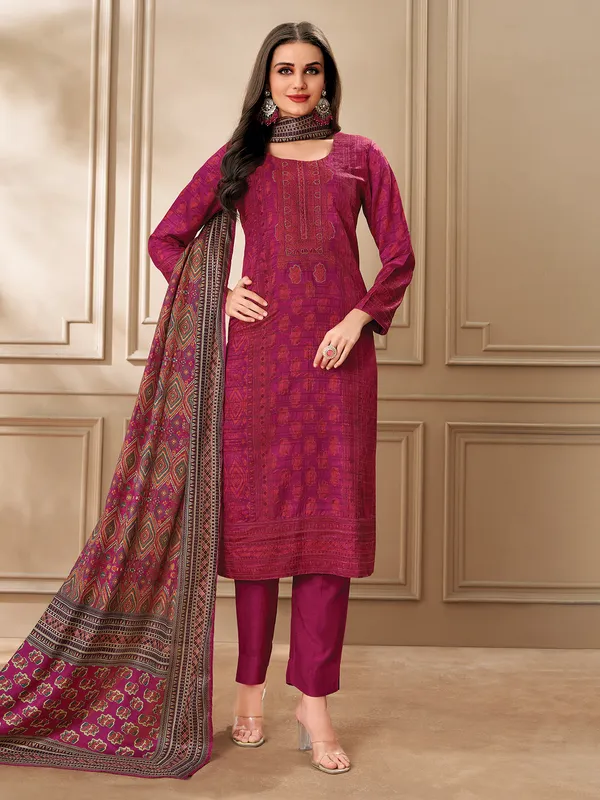 Wine tusser silk printed salwar suit