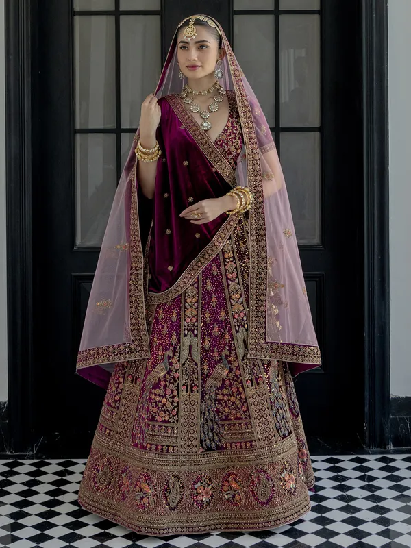 Wine velvet lehenga choli for bride