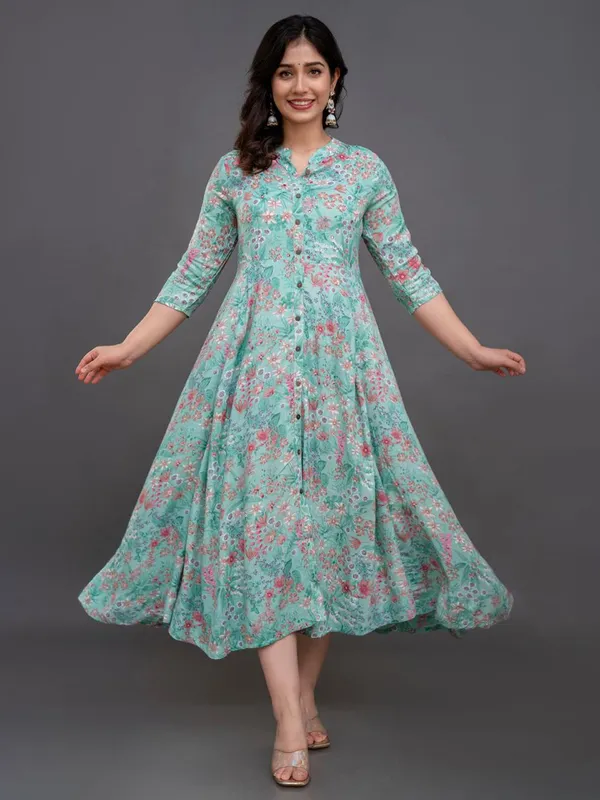 Women sky blue printed silk kurti