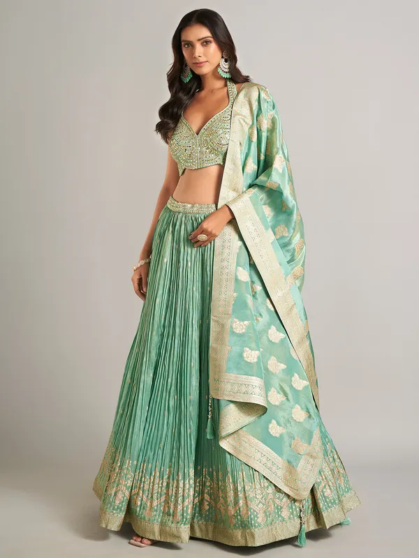 Wonderful pista green laycra lehenga choli