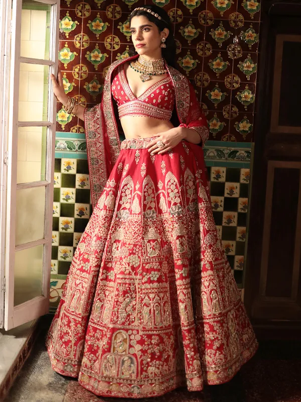 Wonderful red lehenga choli in raw silk