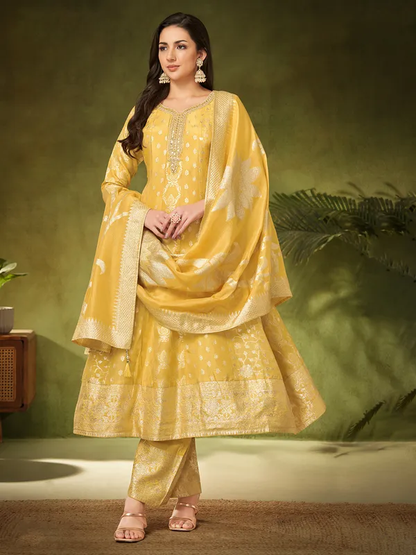 Yellow anarakali suit in rich silk
