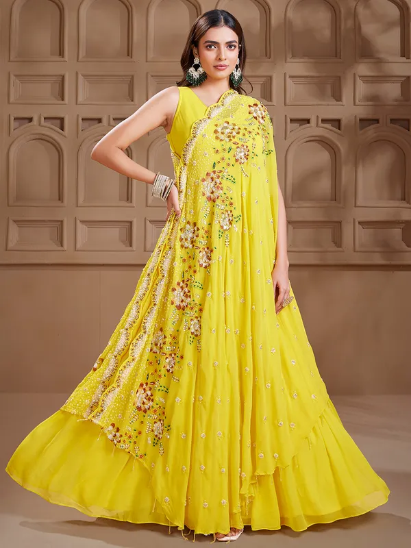 Yellow anarkali salwar suit in georgette
