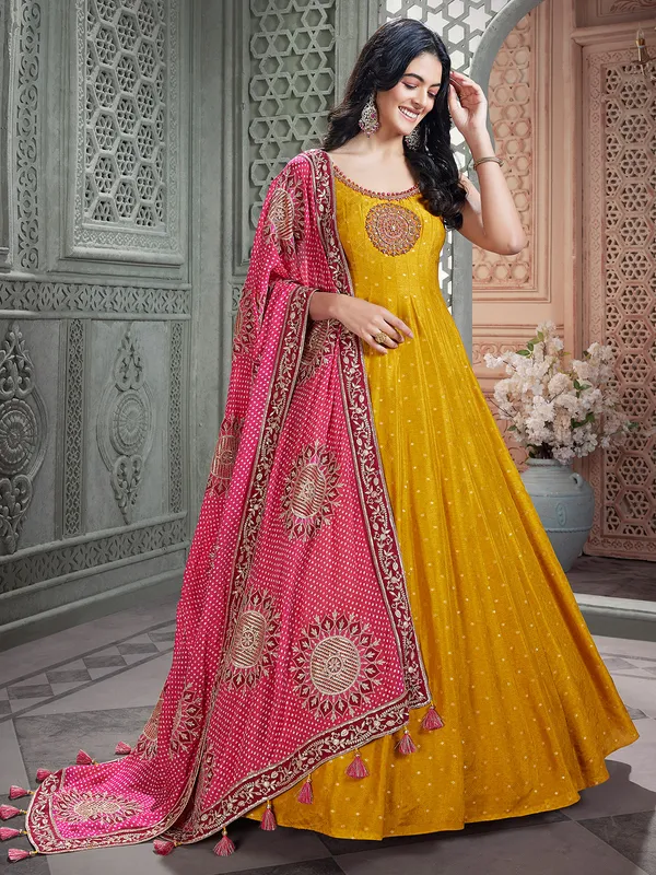 Yellow anarkali suit with printed red dupatta