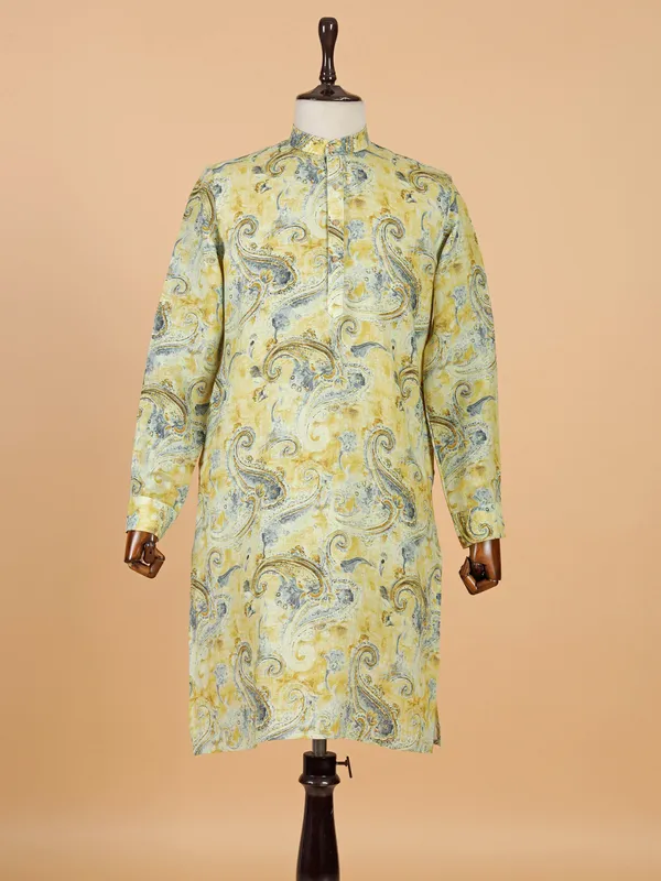 Yellow and blue printed festive kurta for men