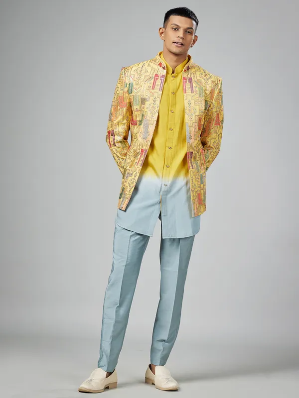 Yellow and blue silk indowestern