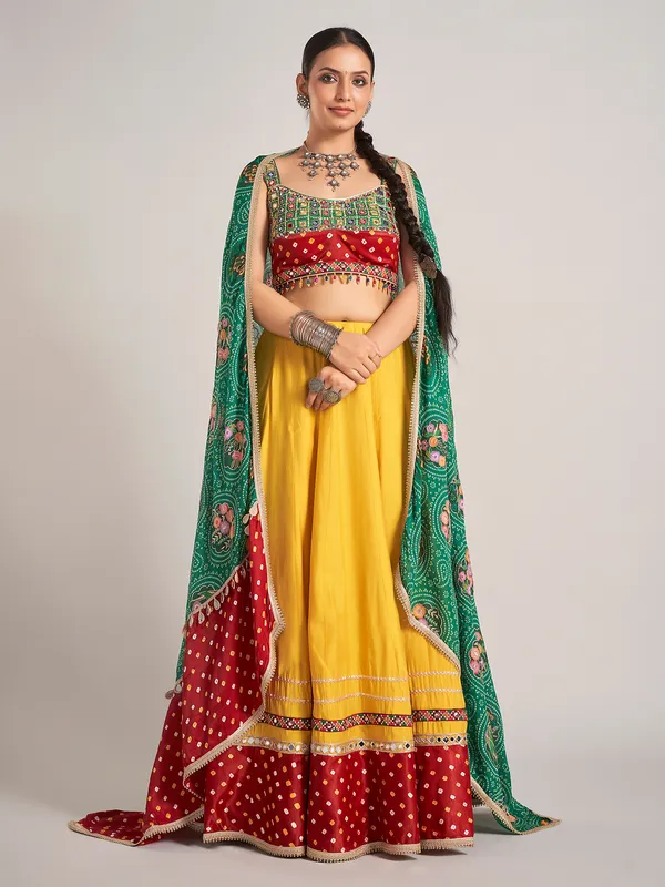 Yellow and green bandhej printed silk chaniya choli