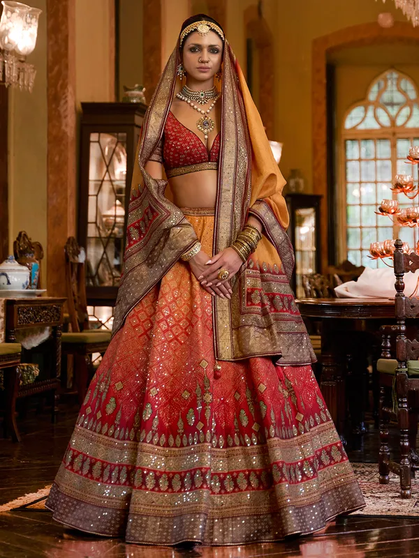 Yellow and red silk printed lehenga choli