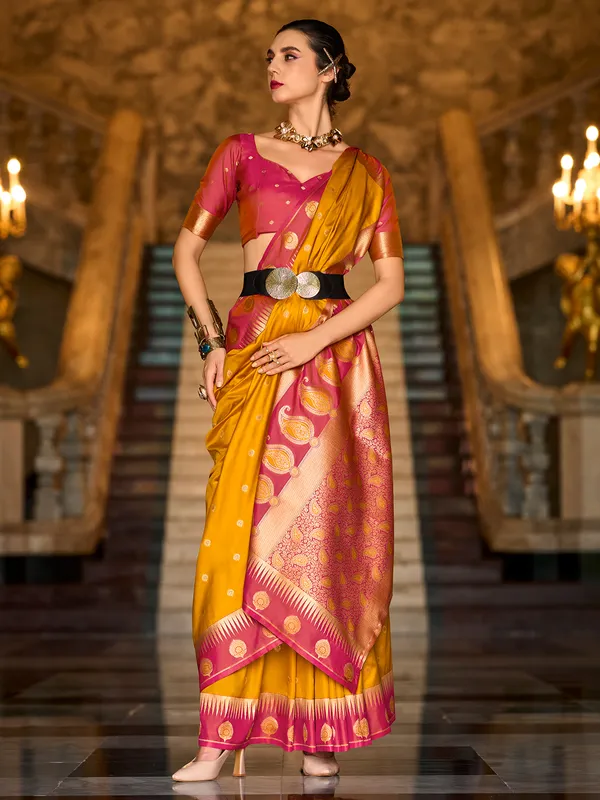 Yellow banarasi silk saree with maroon border