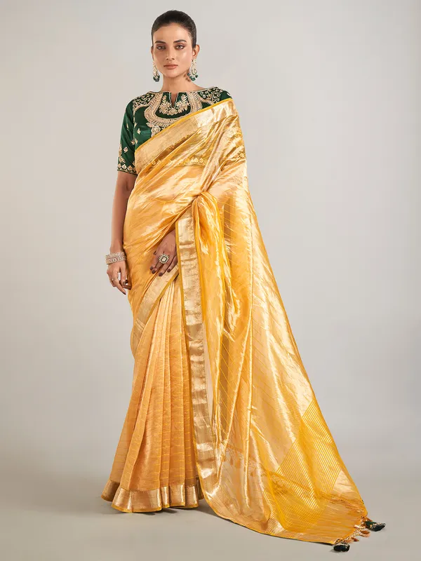 Yellow banarasi tissue silk zari weaving saree