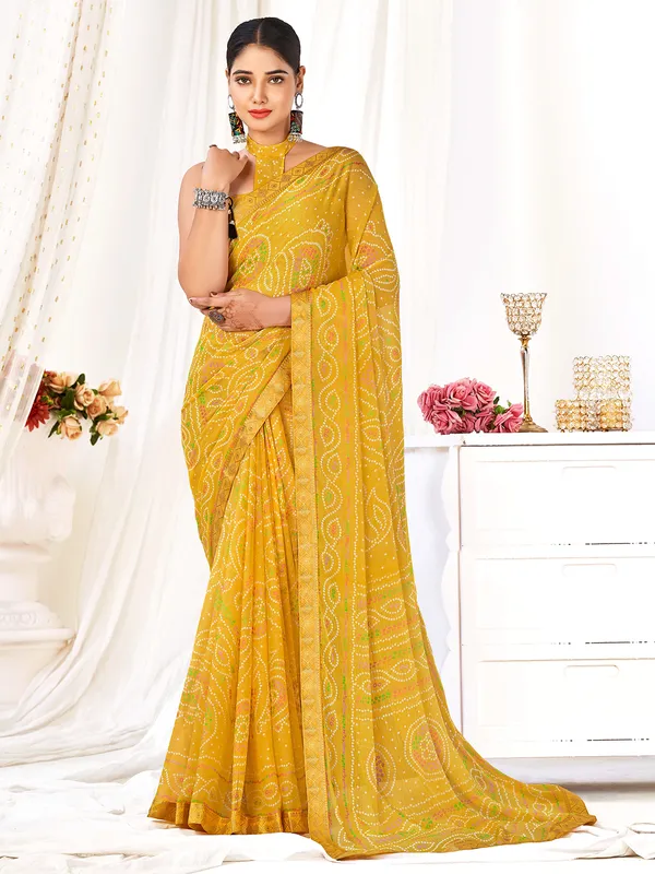 Yellow bandhani printed chiffon saree