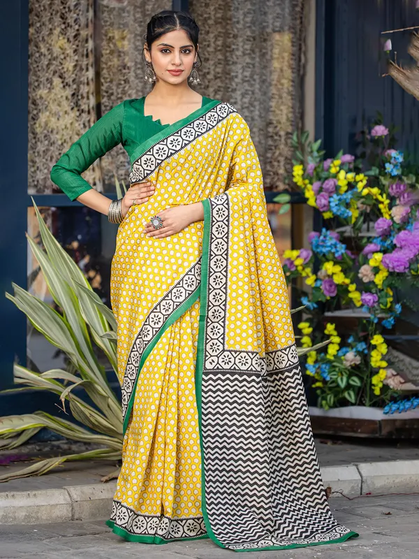 Yellow bhagalpuri silk printed saree