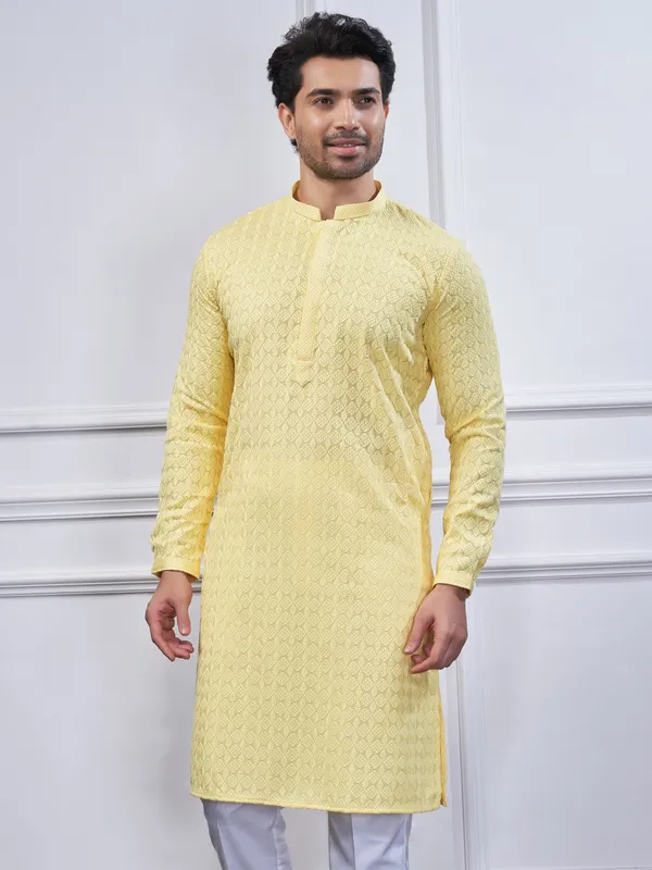 Yellow cotton embroidery kurta suit for men