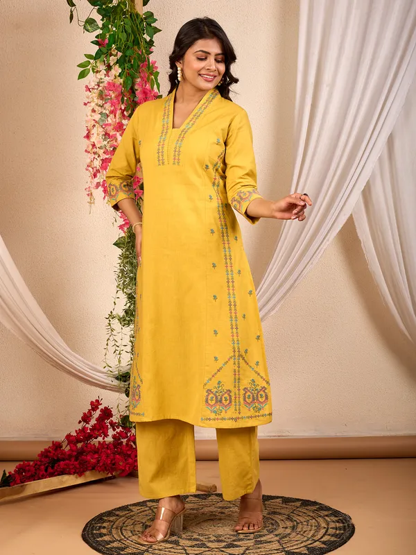 Yellow cotton festive style kurti set