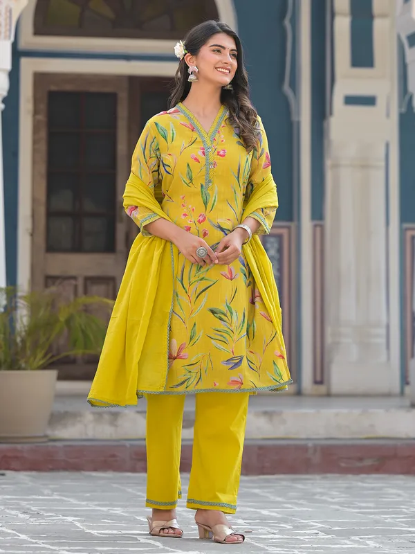 Yellow cotton floral print kurti set