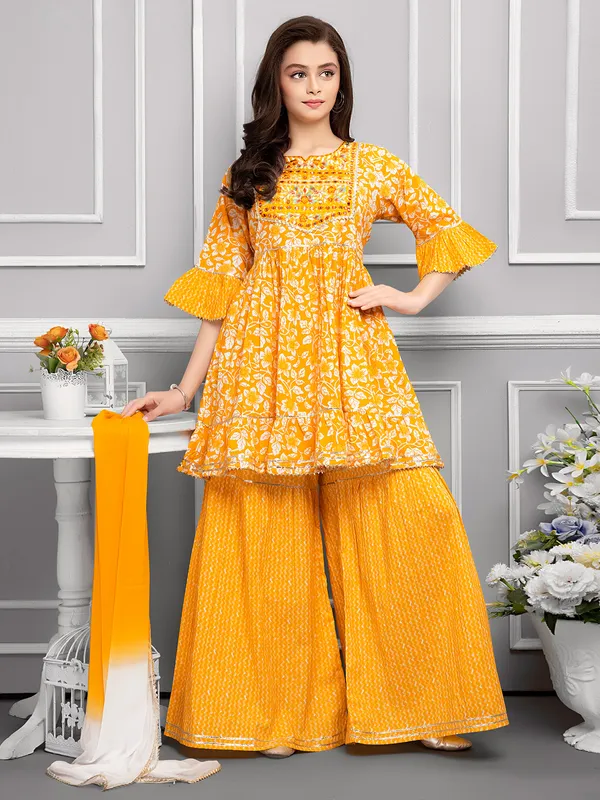 Yellow cotton floral printed sharara suit