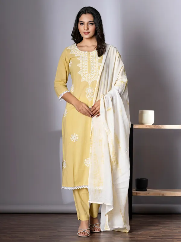 Yellow cotton kurti set with dupatta for women
