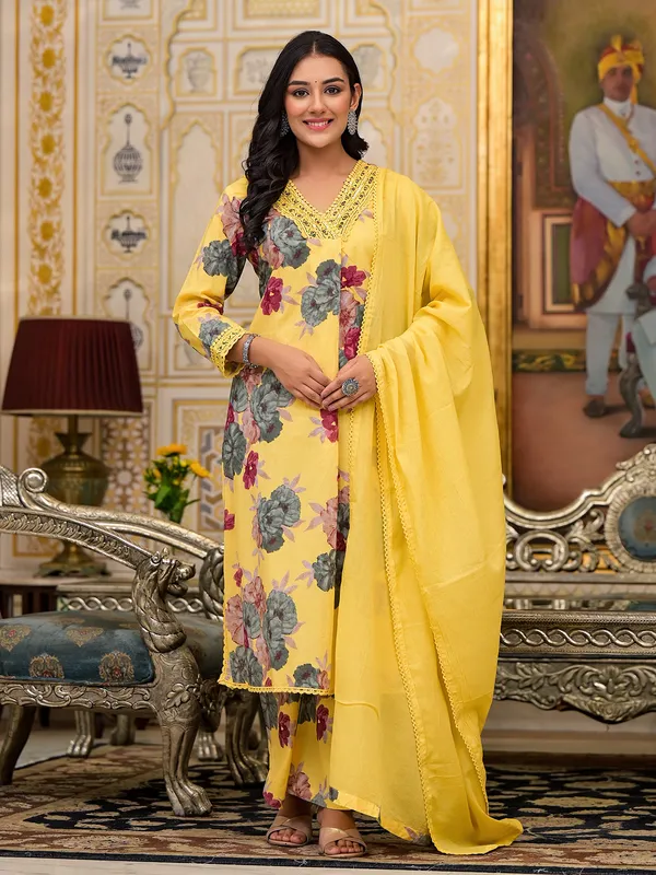 Yellow Cotton kurti set with matching dupatta