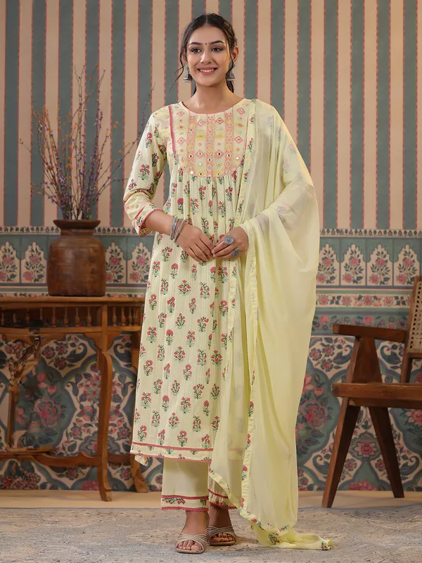 Yellow cotton printed kurti set for women