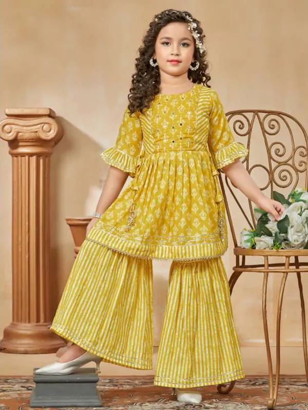 Yellow cotton printed sharara suit with pant