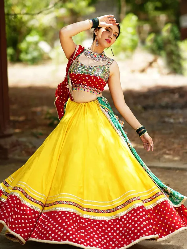 Yellow cotton silk chaniya choli in printed