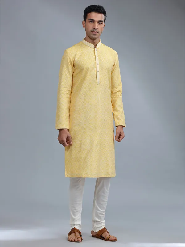 Yellow cotton silk festive style kurta pajama