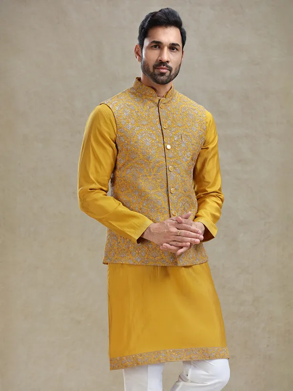 Yellow cotton silk kurta jacket set for haldi special look