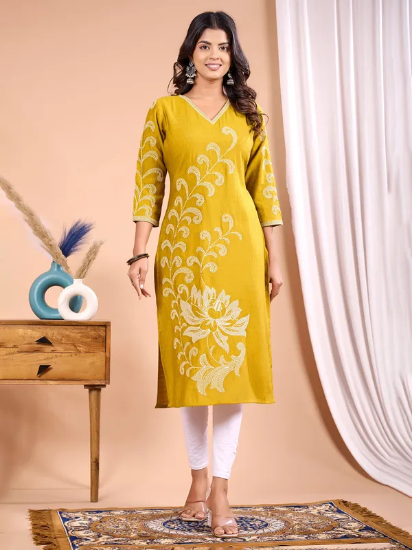 Yellow cotton silk kurti with embroidery work