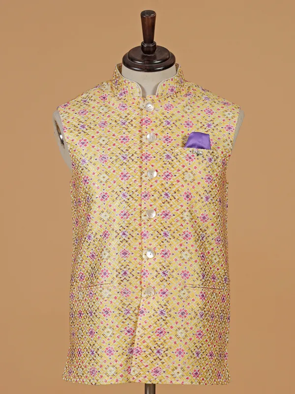 Yellow cotton silk printed waistcoat for men
