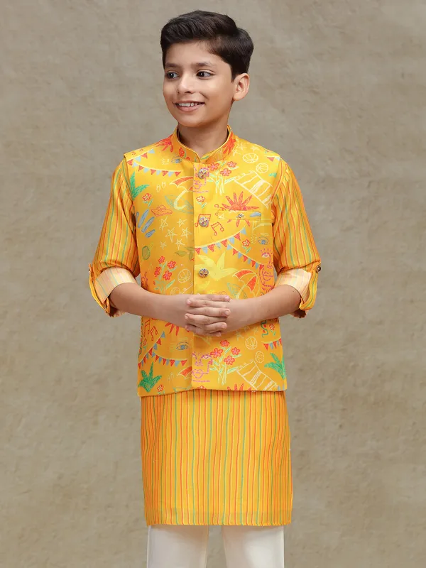 Yellow  cotton silk printed waistcoat set for boys