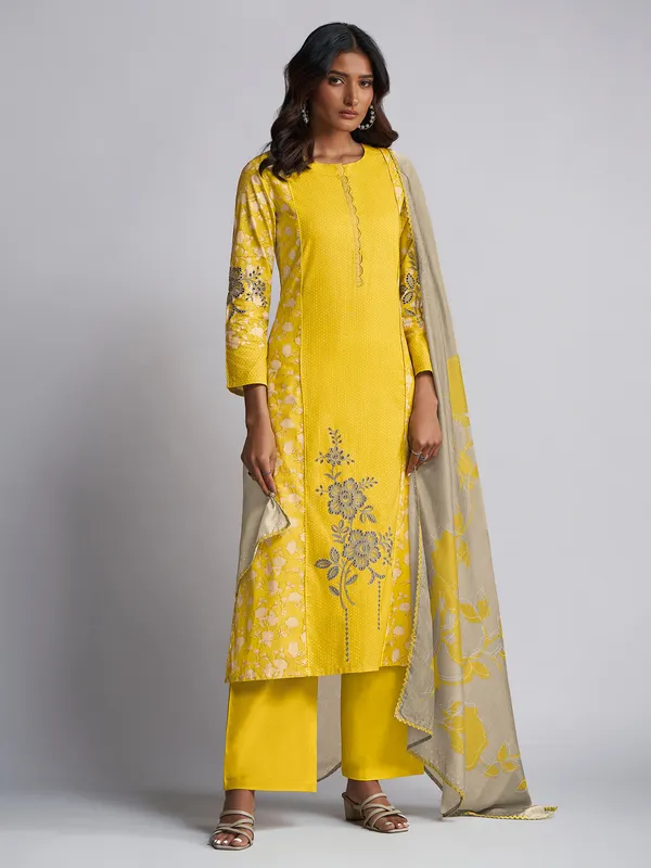 Yellow cotton silk salwar suit with cutwork