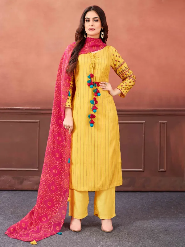 Yellow cotton silk stripe salwar suit