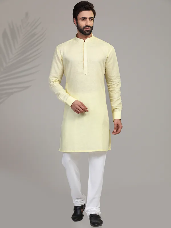Yellow cotton stand collar classic  Men Kurta pajama