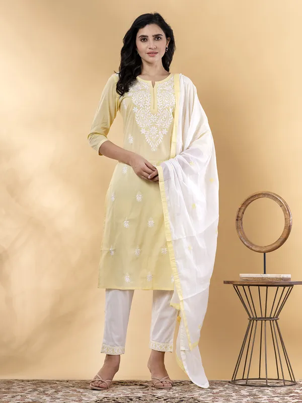 Yellow cotton straight cut kurti set with dupatta