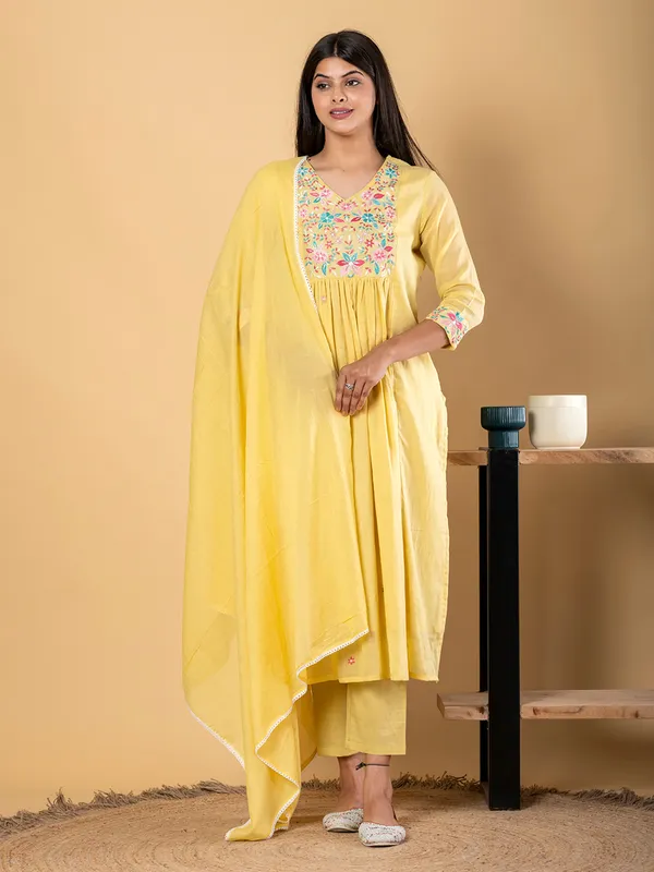 Yellow cotton yoke kurti set with dupatta