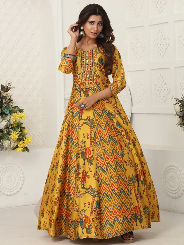 Yellow dola silk floor length suit with print