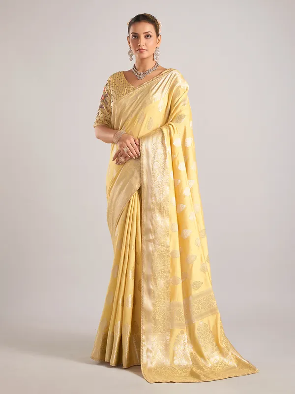 Yellow dola silk saree with zari work