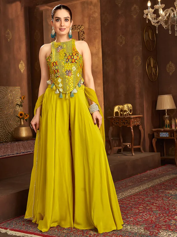 Yellow embroidered silk palazzo suit