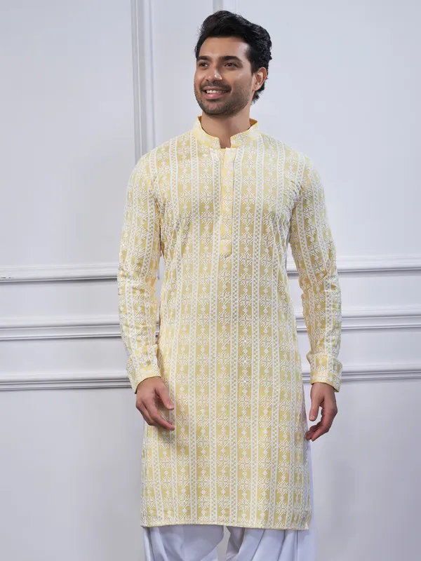 Yellow embroidery cotton kurta pajama
