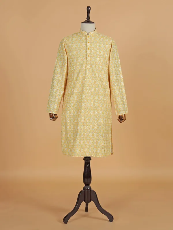 Yellow festive printed kurta suit for men