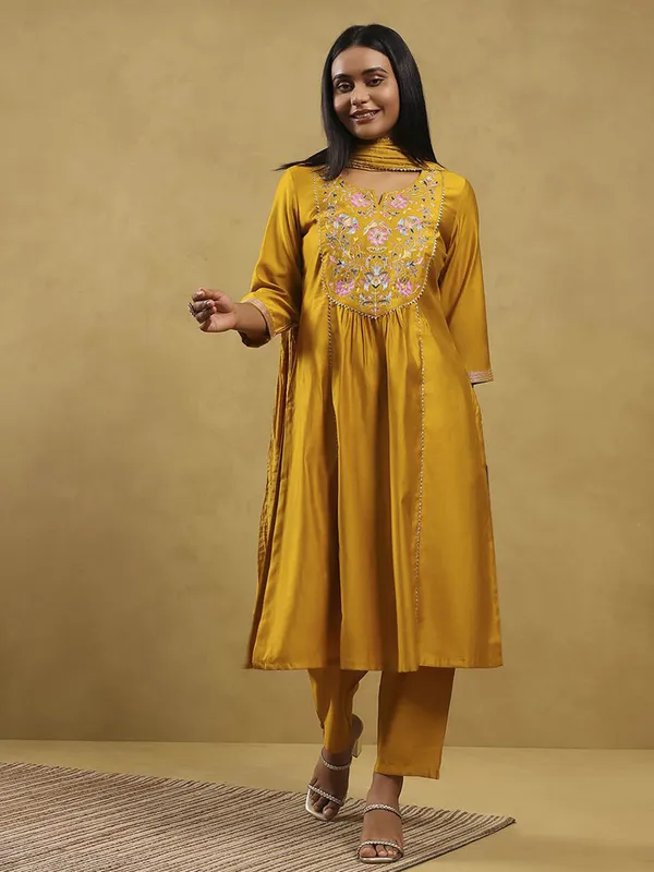 Yellow festive wear silk kurti set
