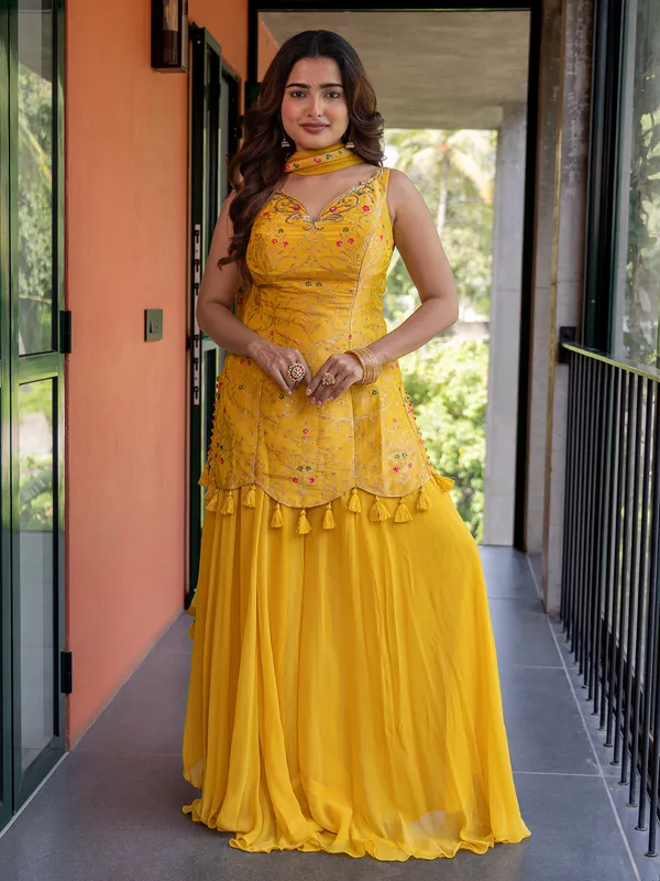 Yellow festive wear silk palazzo suit for women