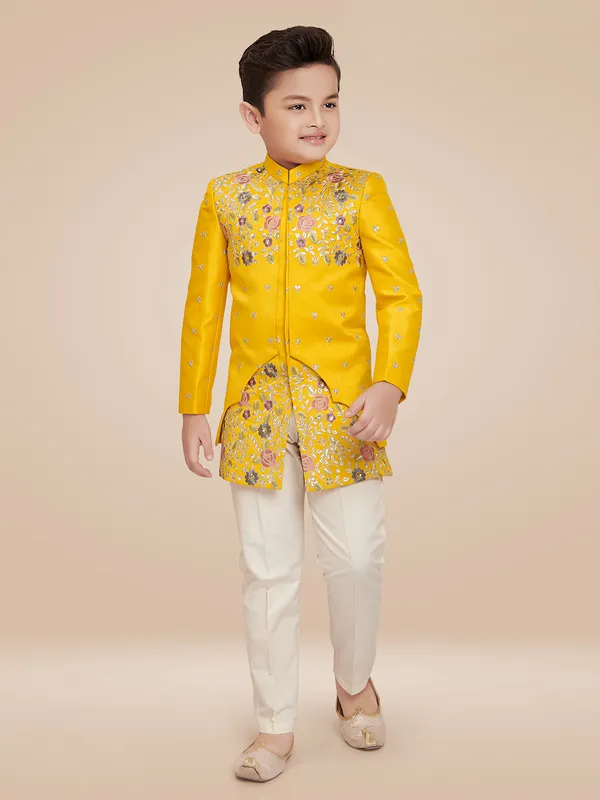 Yellow floral embroidery indowestern