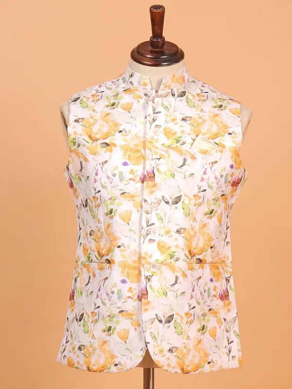 Yellow floral printed waist coat for men
