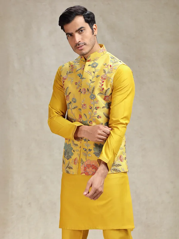Yellow flower pattern waistcoat set for haldi look