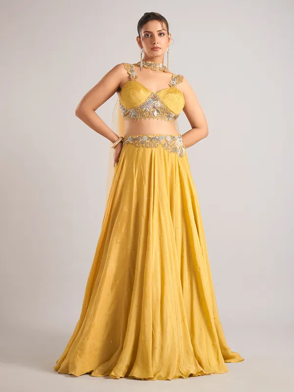 Yellow georgette lehenga choli with dupatta for wedding wear